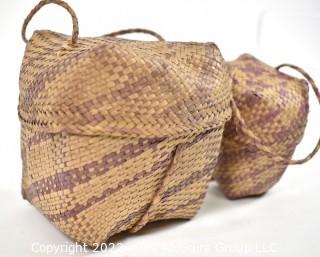 Set of Two (2) 19th Century Prairie, Plains and Plateau Native American Nesting Baskets Woven with Purple Stripe, Lids and Handles.