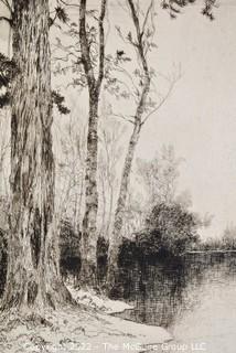 Black & White Etching Of California Lake And Source Of The Sacramento River. Signed By Artist Julian Rix.  