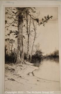 Black & White Etching Of California Lake And Source Of The Sacramento River. Signed By Artist Julian Rix.  