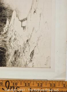 Black & White Etching Of California Lake And Source Of The Sacramento River. Signed By Artist Julian Rix.  