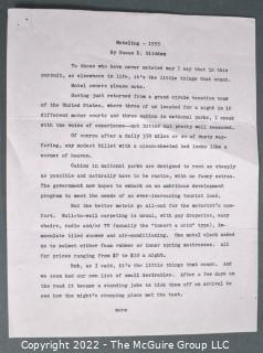 Five (5) Page Travelogue About Moteling in 1955, Susan Glidden, Falls Church, VA.  