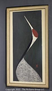 Framed Color Woodcut Entitled “Sacred Crane”, Pencil Signed and Numbered with Chopmark Red Seal, By Artist Kaoru Kawano. 14" x 26".