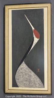 Framed Color Woodcut Entitled “Sacred Crane”, Pencil Signed and Numbered with Chopmark Red Seal, By Artist Kaoru Kawano. 14" x 26".