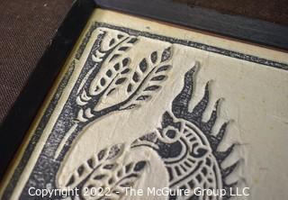 Framed Traditional Asian Thai Woodblock Temple Rubbing Of Warriors In A Dragon Boat. 20" x 32".