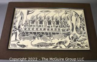 Framed Traditional Asian Thai Woodblock Temple Rubbing Of Warriors In A Dragon Boat. 20" x 32".