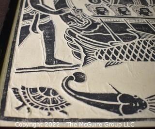 Framed Traditional Asian Thai Woodblock Temple Rubbing Of Warriors In A Dragon Boat. 20" x 32".