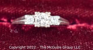 Vintage Three Stone Round Diamond Engagement Ring 18Kt White Gold.  Weighs 1.5g total.