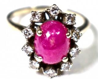 Cabochon Star Ruby 14kt Hallmark Cocktail Ring with Diamond Surround.  