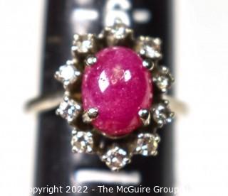 Cabochon Star Ruby 14kt Hallmark Cocktail Ring with Diamond Surround.  