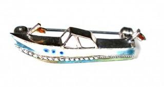 Sterling Silver with Enamel Decoration Speed Boat Brooch.