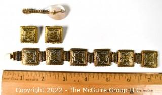 Vintage Damascene Jewelry Including Braclet, Screw Back Earrings and Brooch.