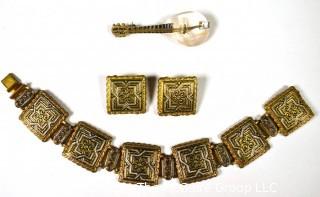 Vintage Damascene Jewelry Including Braclet, Screw Back Earrings and Brooch.