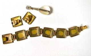 Vintage Damascene Jewelry Including Braclet, Screw Back Earrings and Brooch.