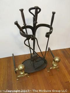 Fireplace wrought iron tool set and fireplace pair of brass andirons  