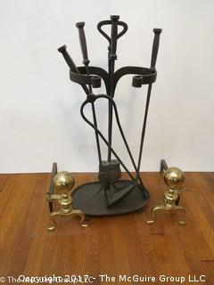 Fireplace wrought iron tool set and fireplace pair of brass andirons  