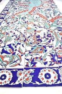 Set of individual 8" Hand Painted Blue & White Glazed Ceramic Tiles that Form a Backsplash Art Panel.   31" x 87".