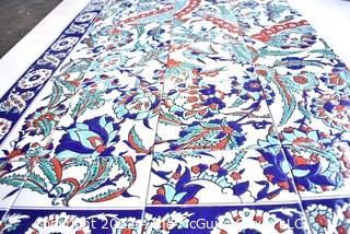 Set of individual 8" Hand Painted Blue & White Glazed Ceramic Tiles that Form a Backsplash Art Panel.   31" x 87".