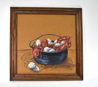 Framed Oil On Board Painting of Lobster Pot Signed by Artist Jacqi Campbell. Measures 16" Square.