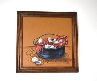 Framed Oil On Board Painting of Lobster Pot Signed by Artist Jacqi Campbell. Measures 16" Square.