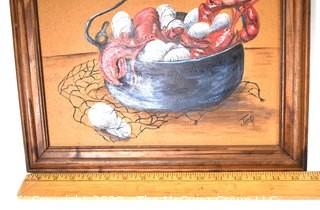 Framed Oil On Board Painting of Lobster Pot Signed by Artist Jacqi Campbell. Measures 16" Square.