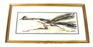 Framed Under Glass Print of Arizona Roadrunner by Ettore "Ted" De Grazia.  16" x 31".