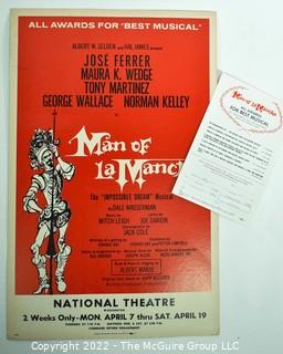 Theater Lobby Card or Poster and Playbill from "The Man of La Mancha" at the National Theater Washington DC.