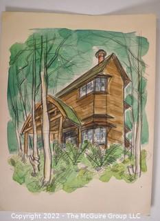 Pencil & Watercolor on Paper of House on Hill, Signed by Artist. 10" x 13".