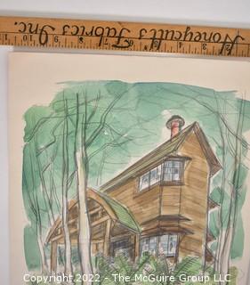 Pencil & Watercolor on Paper of House on Hill, Signed by Artist. 10" x 13".