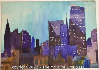 Watercolor on Paper in Blues of New York City Skyline, Signed by Artist. 10" x 14".