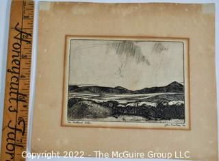 Black & White Lithograph Entitled "Pentland Hills" Signed by Artist John MacKay, 1929. 8" x 9".
