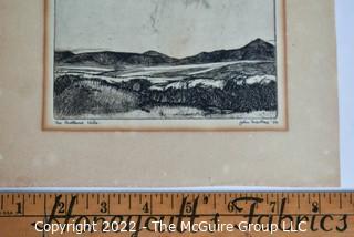 Black & White Lithograph Entitled "Pentland Hills" Signed by Artist John MacKay, 1929. 8" x 9".
