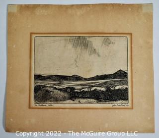 Black & White Lithograph Entitled "Pentland Hills" Signed by Artist John MacKay, 1929. 8" x 9".
