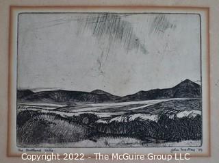 Black & White Lithograph Entitled "Pentland Hills" Signed by Artist John MacKay, 1929. 8" x 9".
