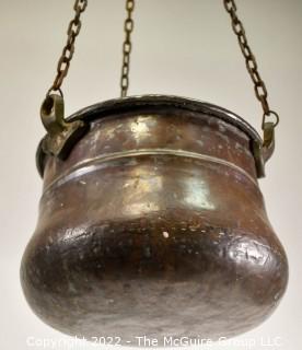 Vintage Hammered Copper Hanging Pot with Chains. 