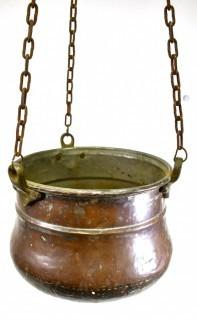 Vintage Hammered Copper Hanging Pot with Chains. 