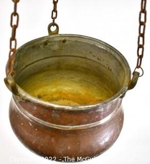 Vintage Hammered Copper Hanging Pot with Chains. 