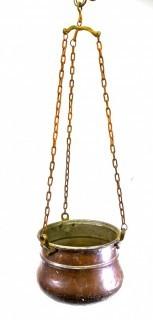 Vintage Hammered Copper Hanging Pot with Chains. 