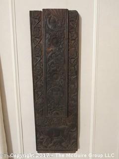 Pair of elaborately carved wooden panels re-purposed as wall art; 11 1/2" x 37" x 2"D 