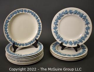 Set of Twelve (12) Wedgwood Etruria Barlaston Embossed Queensware Blue on White Plates.