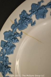 Set of Twelve (12) Wedgwood Etruria Barlaston Embossed Queensware Blue on White Plates.