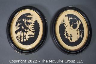 Two (2) Vintage Framed Under Glass Oval Paper Cut Silhouettes Of Hansel, Gretel and Little Red Riding Hood. 10" x 12".