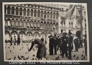 Vintage 1926 Black & White Photo Of "Ann Feeding Pigeons in Venice" 