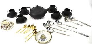 Group of Serving Ware.  Includes Wedgwood  Black Basalt Teapot, Cups and Saucers and Lauffer Norway Design Stainless Flatware 