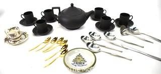 Group of Serving Ware.  Includes Wedgwood  Black Basalt Teapot, Cups and Saucers and Lauffer Norway Design Stainless Flatware 