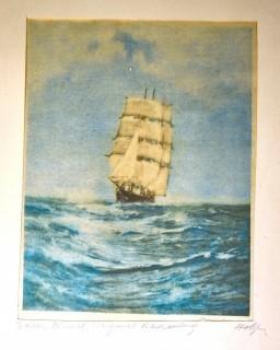 Unframed Print on Silk of Ship by F. Holzer.  11" x 19"