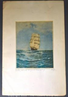 Unframed Print on Silk of Ship by F. Holzer.  11" x 19"