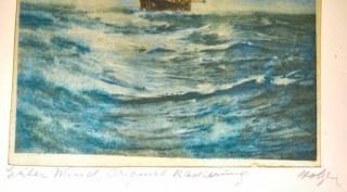 Unframed Print on Silk of Ship by F. Holzer.  11" x 19"