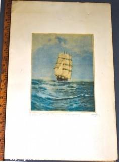 Unframed Print on Silk of Ship by F. Holzer.  11" x 19"