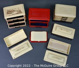 Seven (7) Vintage Red & White Asian Style Celluloid Plastic Jewelry Boxes