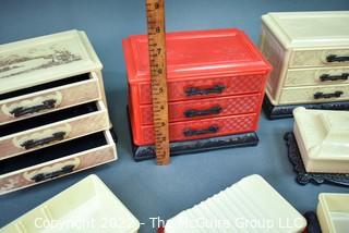 Seven (7) Vintage Red & White Asian Style Celluloid Plastic Jewelry Boxes